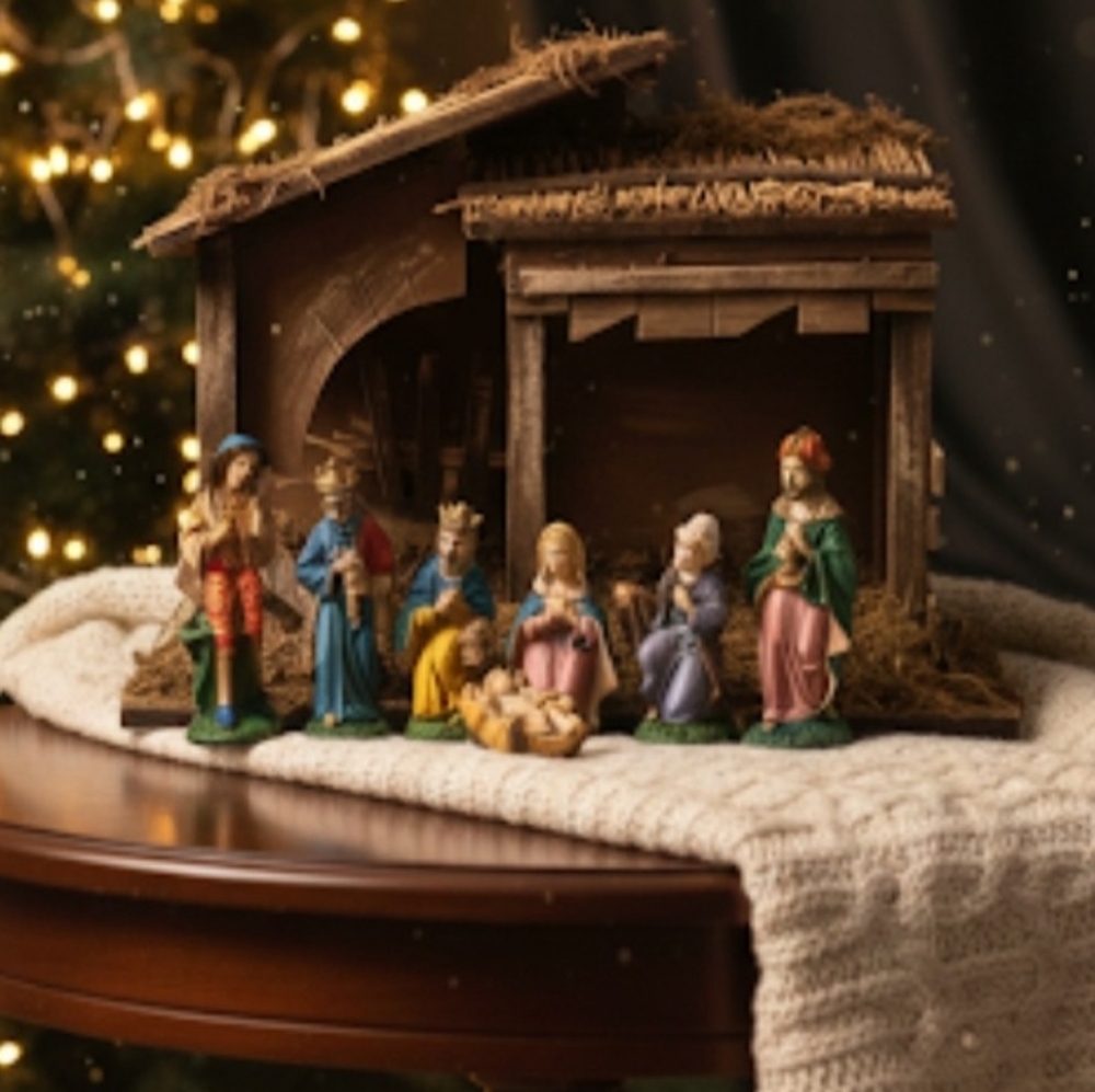 Handcrafted Nativity Scene with Colorful Figurines Vtg Sears Holiday Ormiements